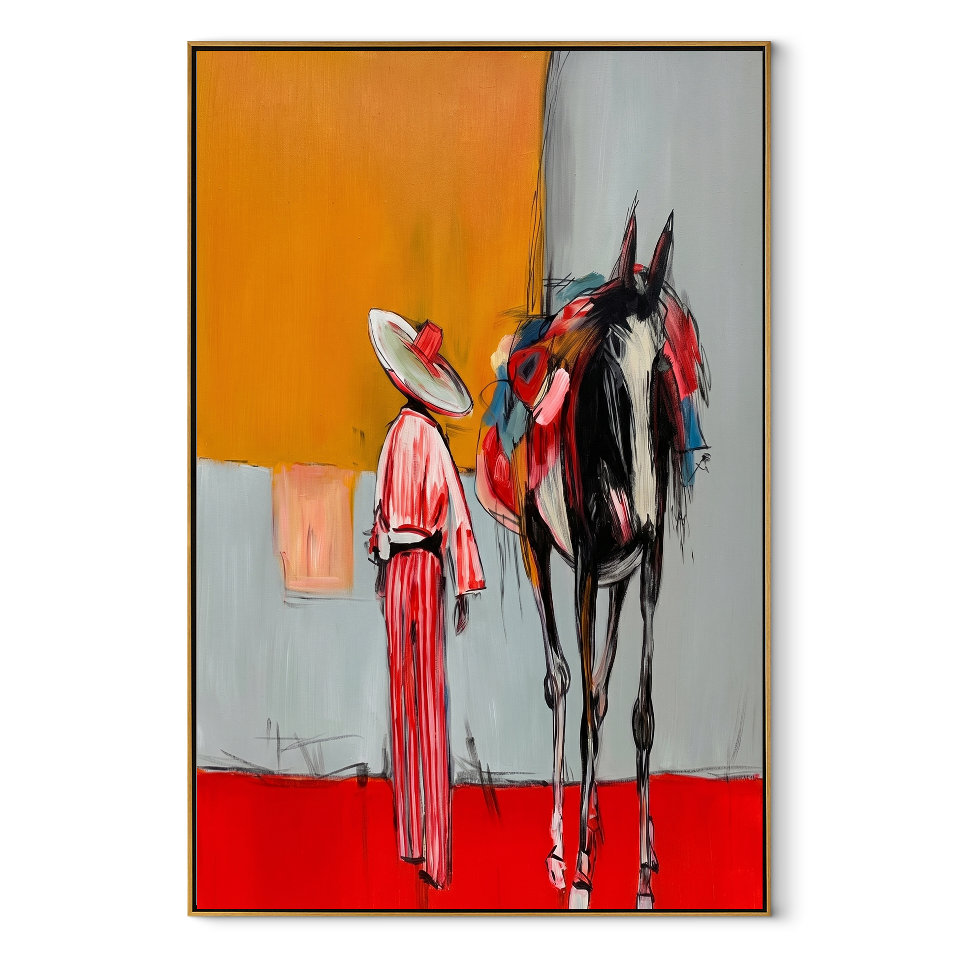 Red Hem Greets Midnight - cowgirl and black horse painting by Ethan Mercer, contemporary Western vertical wall art – wood frame on white background