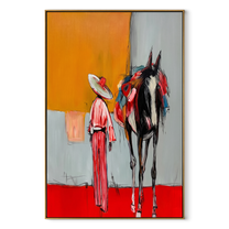 Red Hem Greets Midnight - cowgirl and black horse painting by Ethan Mercer, contemporary Western vertical wall art – wood frame on white background