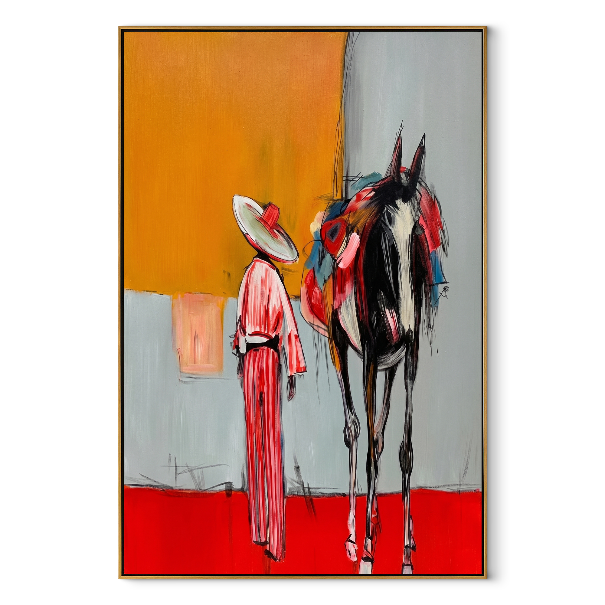 Red Hem Greets Midnight - cowgirl and black horse painting by Ethan Mercer, contemporary Western vertical wall art – wood frame on white background