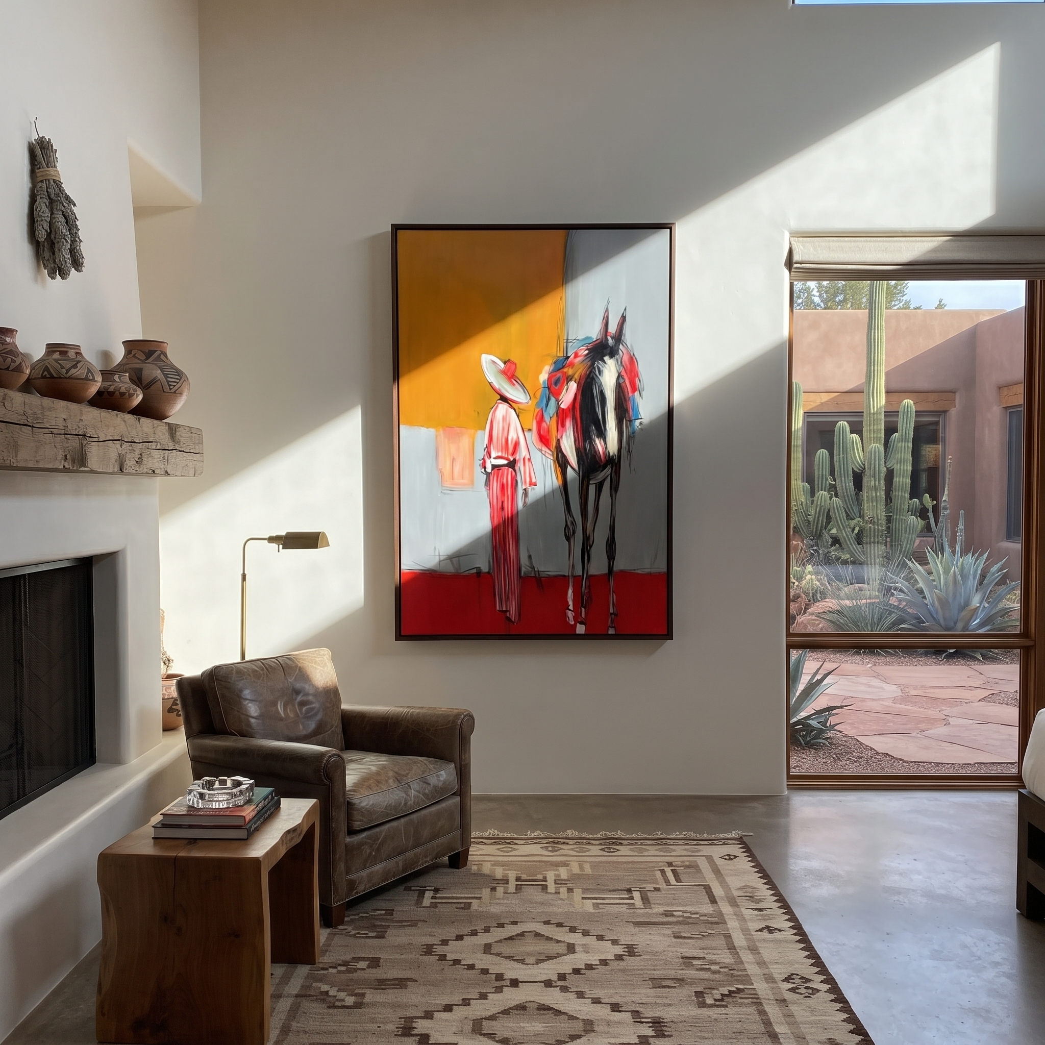 Red Hem Greets Midnight - cowgirl and black horse painting by Ethan Mercer, contemporary Western vertical wall art – styled room scene view 2