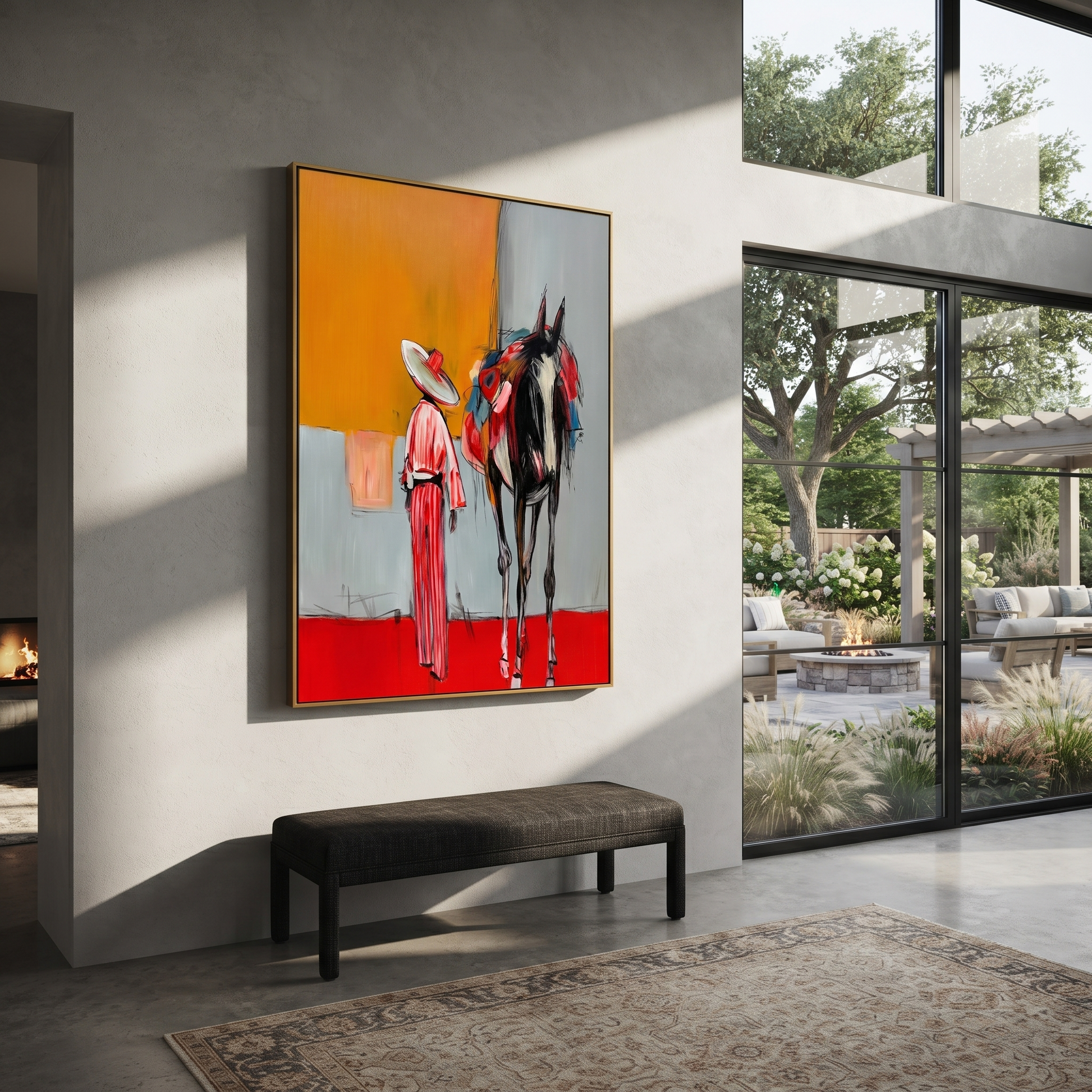 Red Hem Greets Midnight - cowgirl and black horse painting by Ethan Mercer, contemporary Western vertical wall art – styled room scene view 3