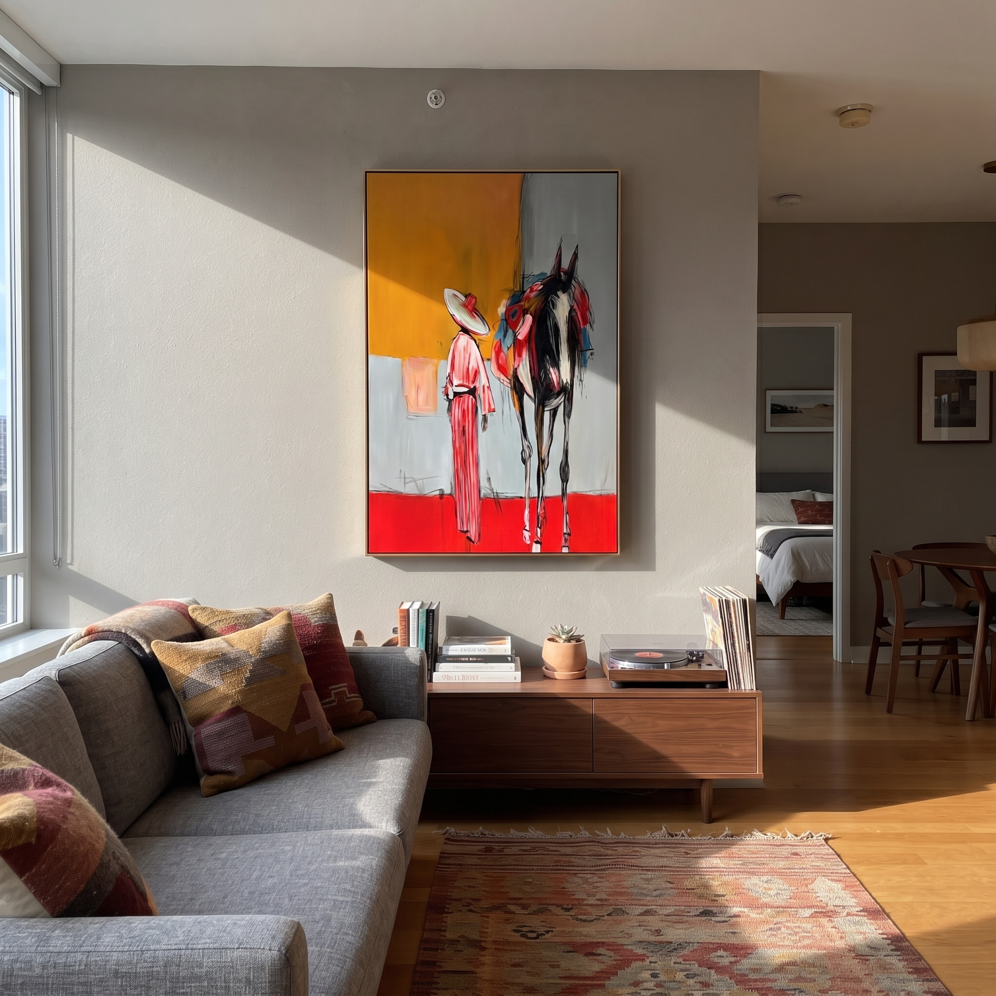 Red Hem Greets Midnight - cowgirl and black horse painting by Ethan Mercer, contemporary Western vertical wall art – styled room scene view 4