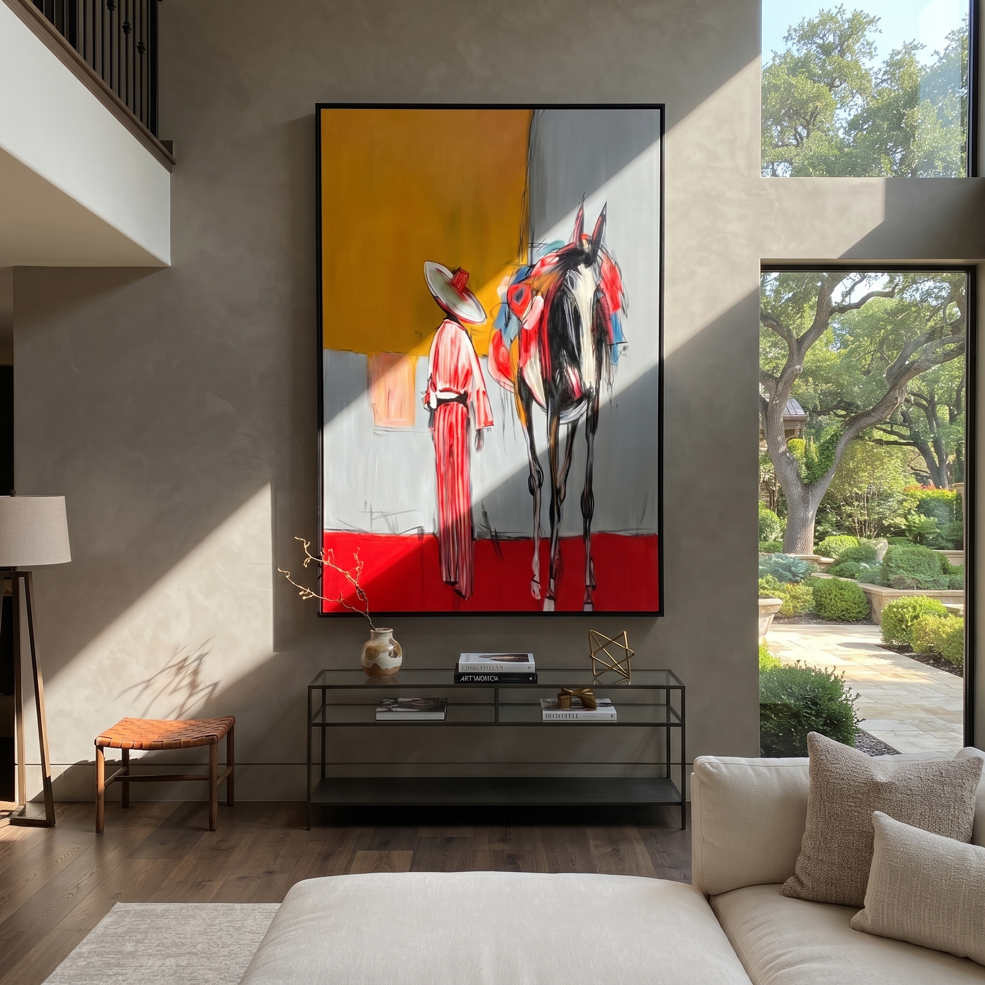 Red Hem Greets Midnight - cowgirl and black horse painting by Ethan Mercer, contemporary Western vertical wall art – styled room scene view 5