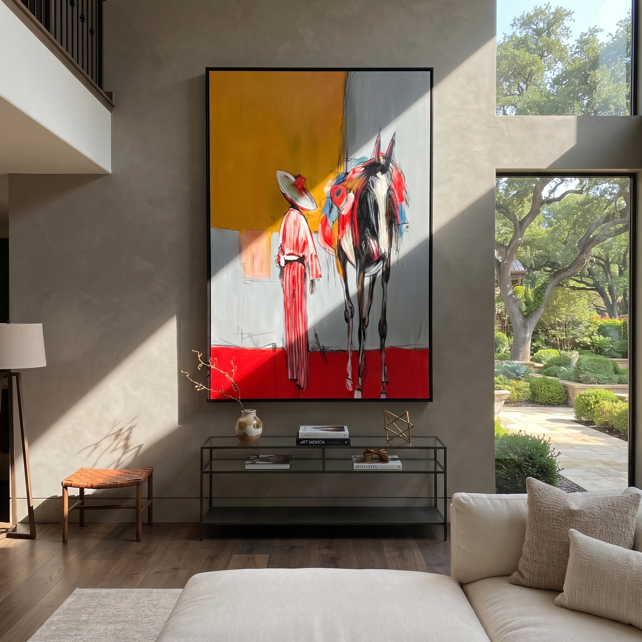 Red Hem Greets Midnight - cowgirl and black horse painting by Ethan Mercer, contemporary Western vertical wall art – styled room scene view 5