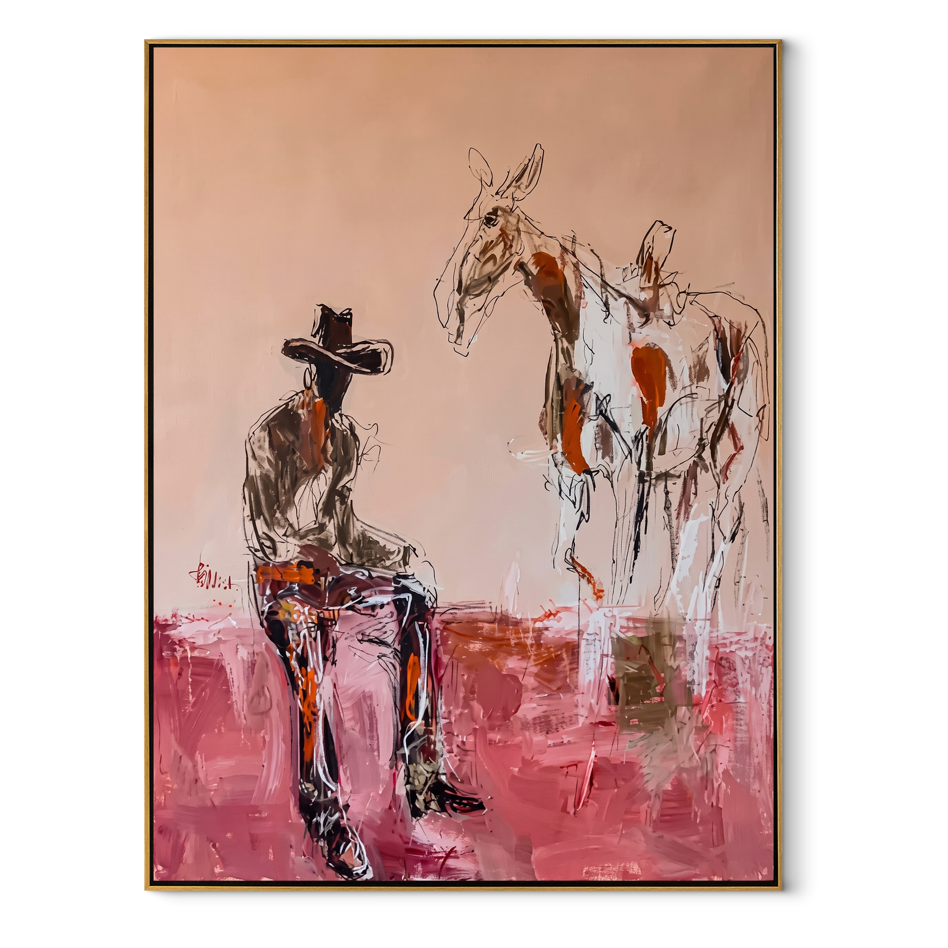 Blush Ground Holds Waiting - cowboy and paint horse painting by Ethan Mercer, contemporary Western vertical wall art – wood frame on white background