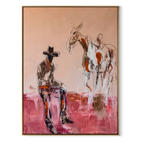 Blush Ground Holds Waiting - cowboy and paint horse painting by Ethan Mercer, contemporary Western vertical wall art – wood frame on white background