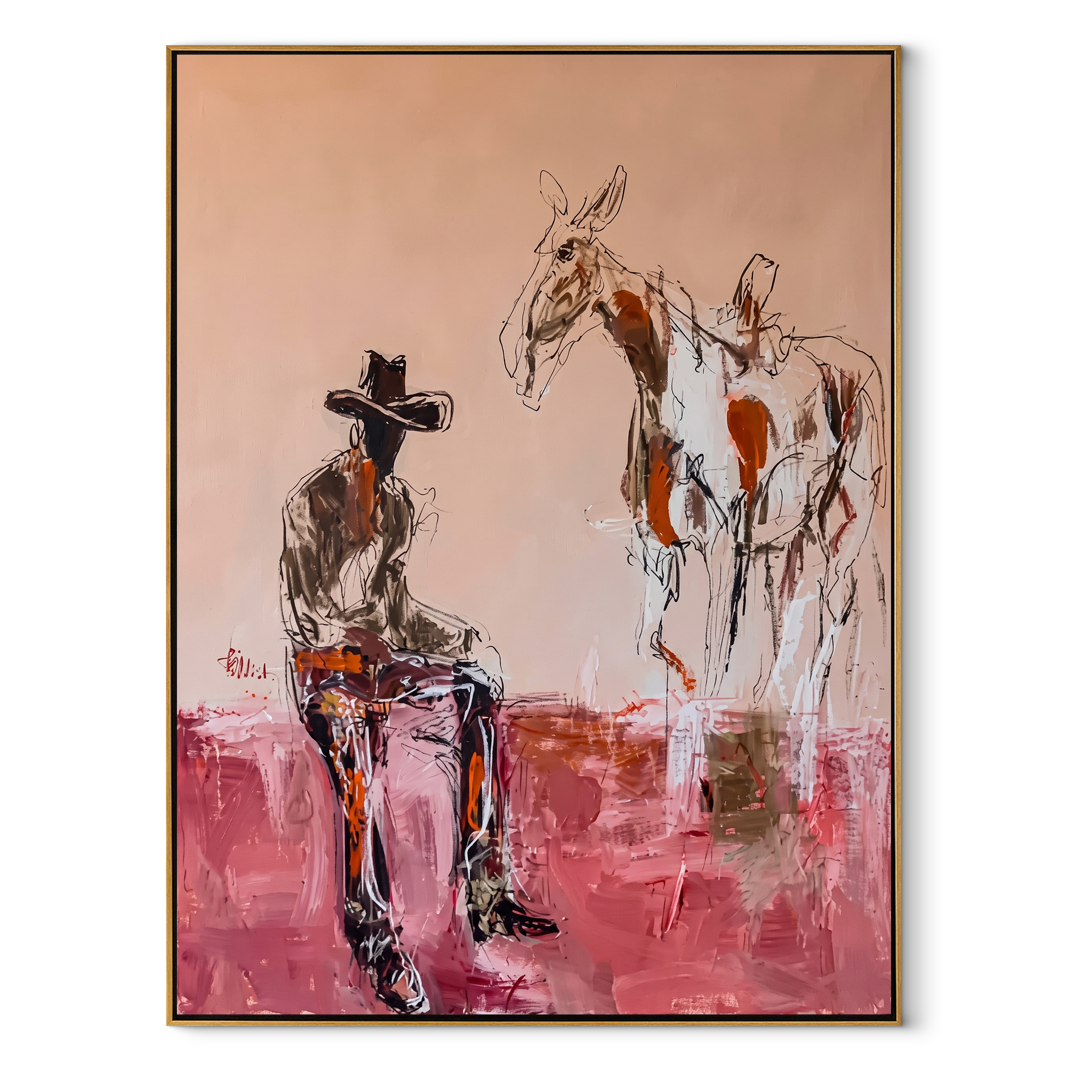 Blush Ground Holds Waiting - cowboy and paint horse painting by Ethan Mercer, contemporary Western vertical wall art – wood frame on white background