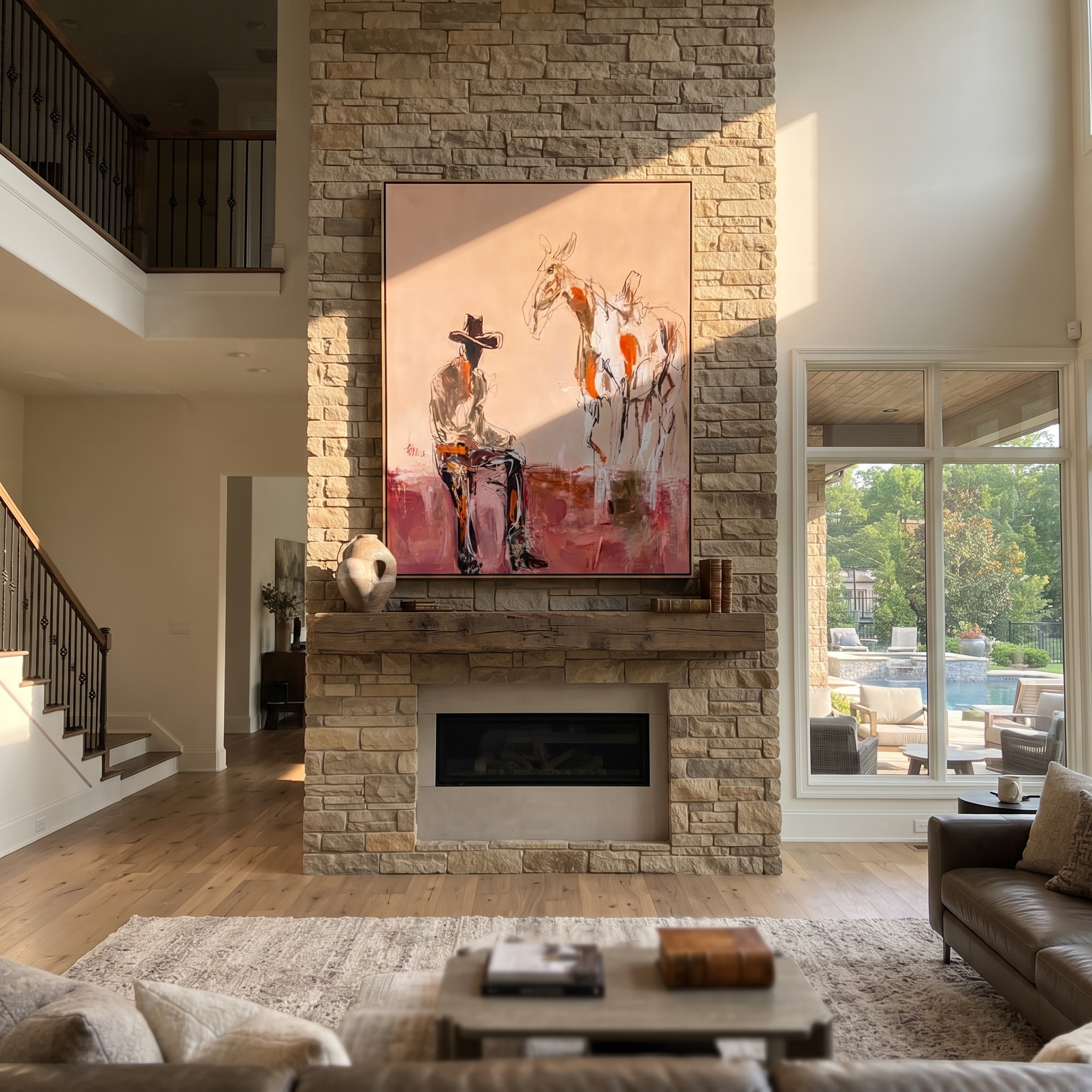Blush Ground Holds Waiting - cowboy and paint horse painting by Ethan Mercer, contemporary Western vertical wall art – styled room scene view 2