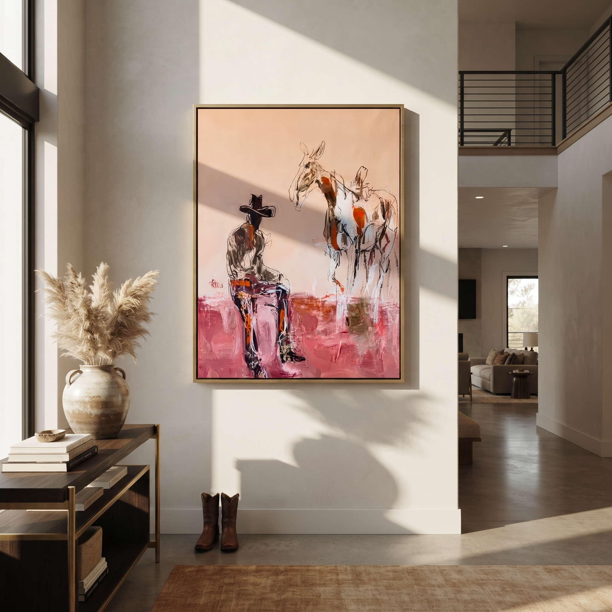 Blush Ground Holds Waiting - cowboy and paint horse painting by Ethan Mercer, contemporary Western vertical wall art – styled room scene view 3