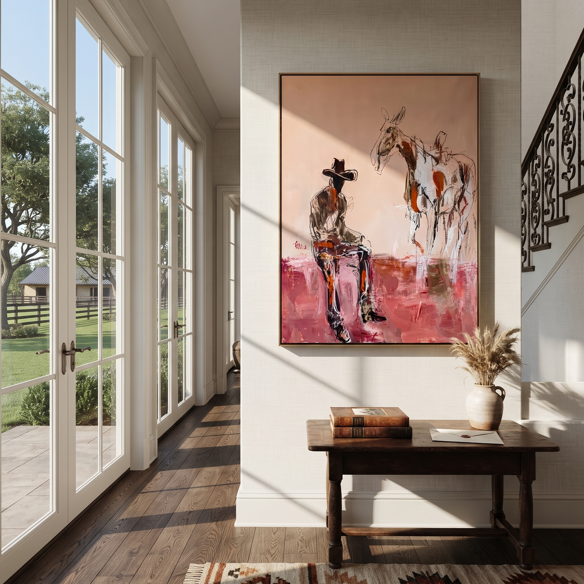 Blush Ground Holds Waiting - cowboy and paint horse painting by Ethan Mercer, contemporary Western vertical wall art – styled room scene view 4