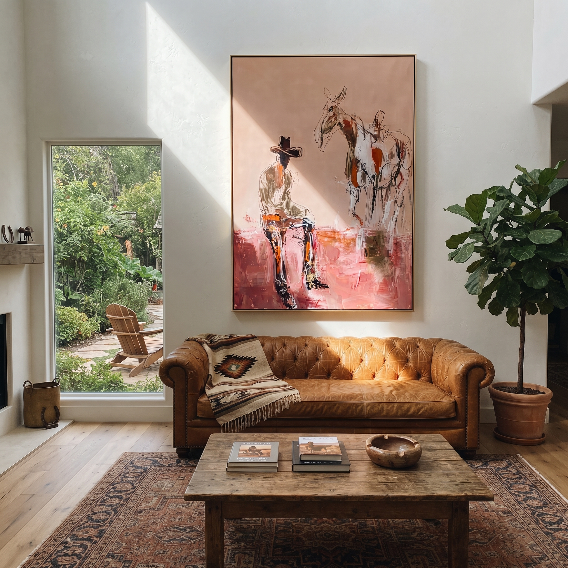 Blush Ground Holds Waiting - cowboy and paint horse painting by Ethan Mercer, contemporary Western vertical wall art – styled room scene view 5