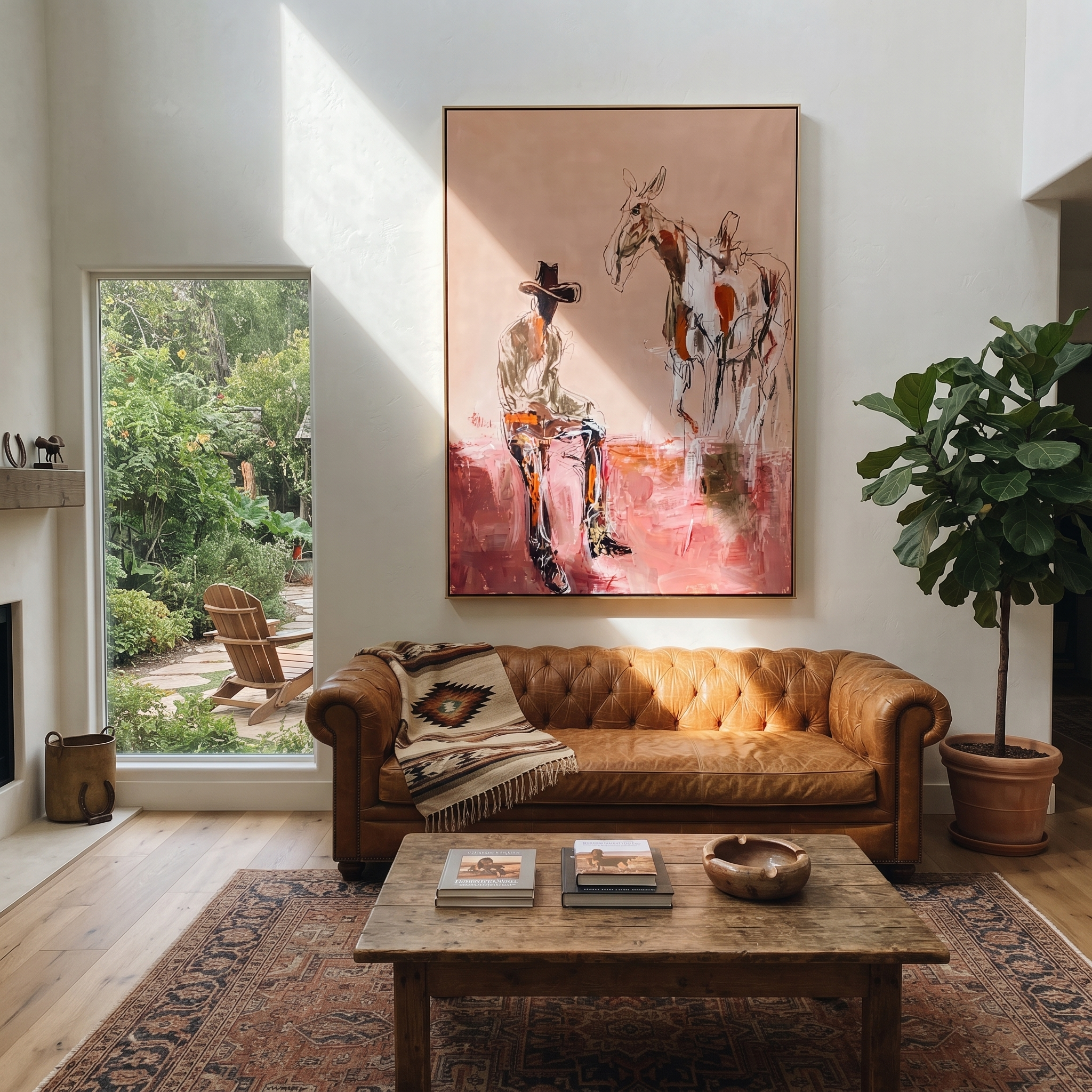 Blush Ground Holds Waiting - cowboy and paint horse painting by Ethan Mercer, contemporary Western vertical wall art – styled room scene view 5