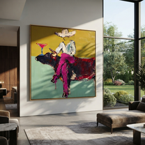 Martini Rests Above Horns - cowboy on longhorn painting by Ethan Mercer, contemporary Western square wall art – styled room scene view 1