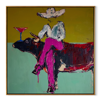 Martini Rests Above Horns - cowboy on longhorn painting by Ethan Mercer, contemporary Western square wall art – wood frame on white background