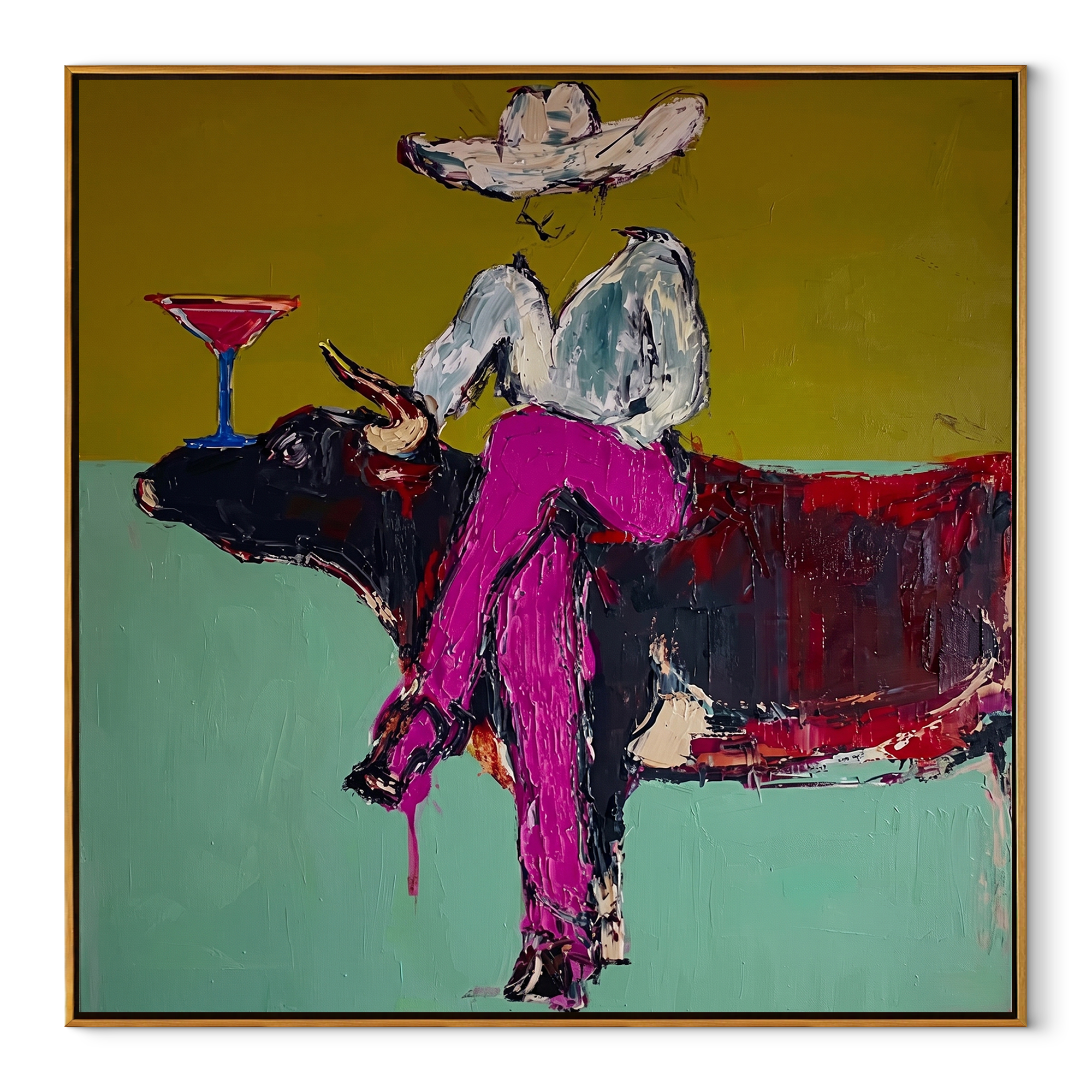Martini Rests Above Horns - cowboy on longhorn painting by Ethan Mercer, contemporary Western square wall art – wood frame on white background