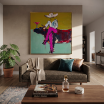 Martini Rests Above Horns - cowboy on longhorn painting by Ethan Mercer, contemporary Western square wall art – styled room scene view 2