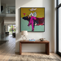 Martini Rests Above Horns - cowboy on longhorn painting by Ethan Mercer, contemporary Western square wall art – styled room scene view 3