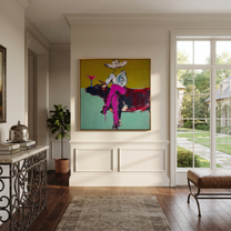 Martini Rests Above Horns - cowboy on longhorn painting by Ethan Mercer, contemporary Western square wall art – styled room scene view 4