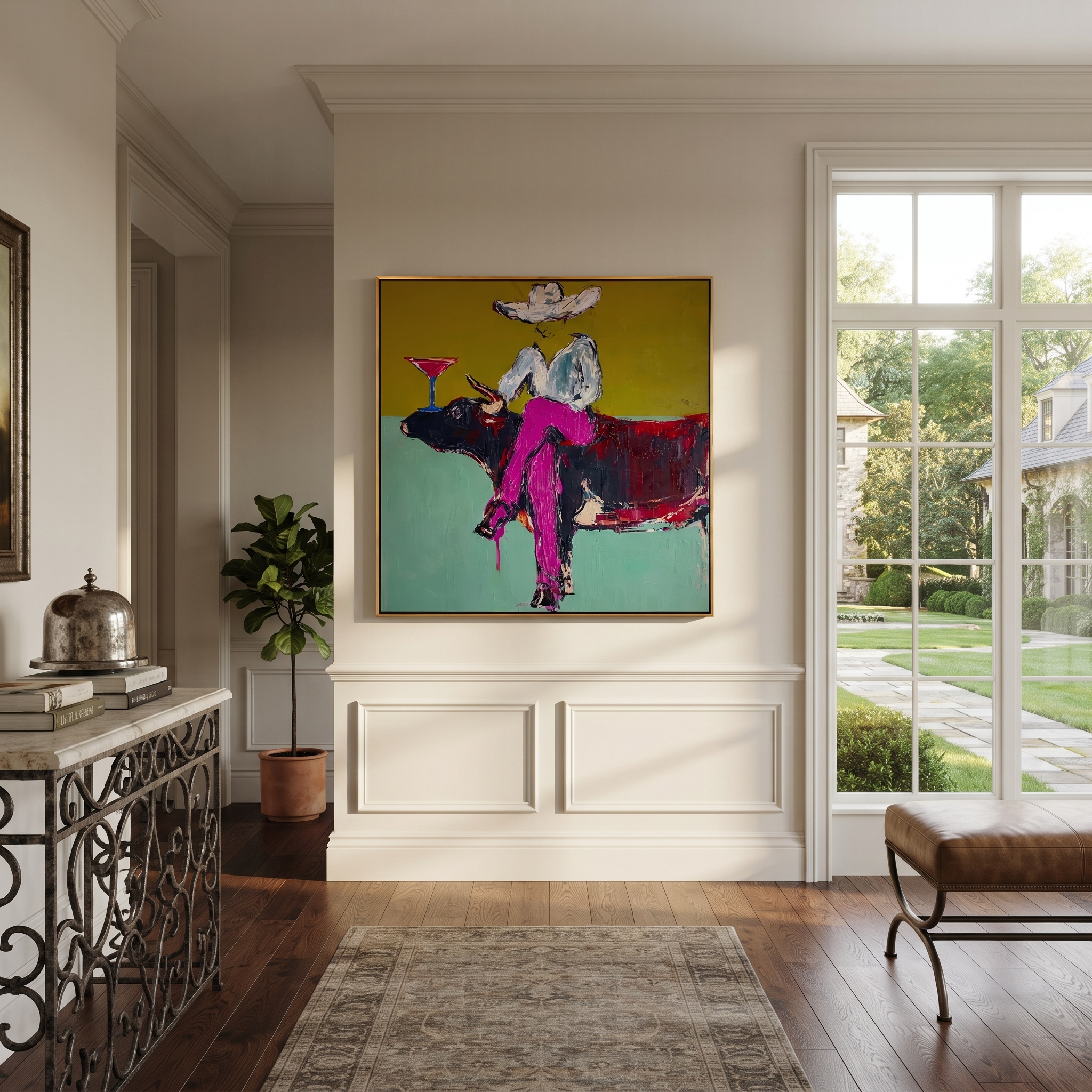Martini Rests Above Horns - cowboy on longhorn painting by Ethan Mercer, contemporary Western square wall art – styled room scene view 4