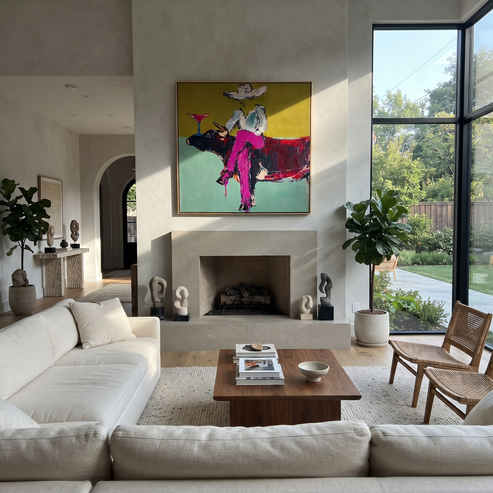 Martini Rests Above Horns - cowboy on longhorn painting by Ethan Mercer, contemporary Western square wall art – styled room scene view 5