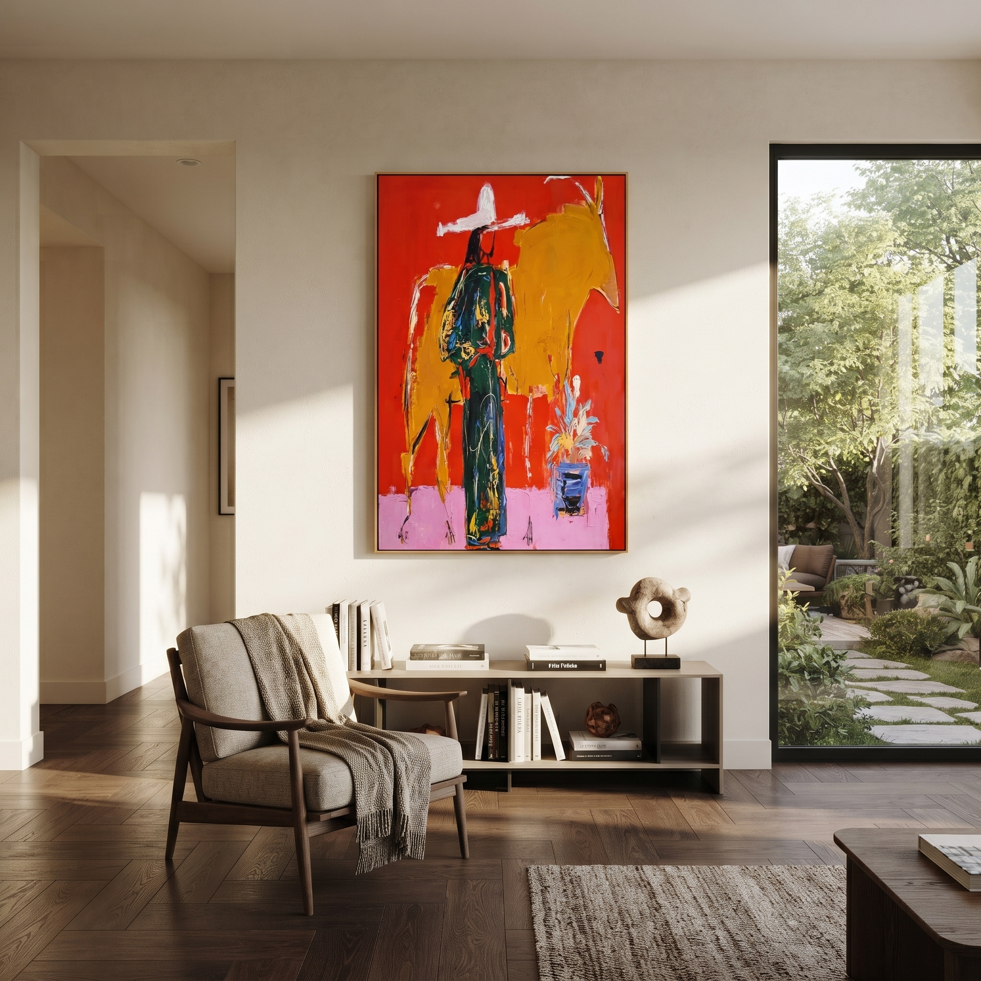 Golden Bull Shadows Cowgirl - cowgirl and bull painting by Ethan Mercer, contemporary Western vertical wall art – styled room scene view 1