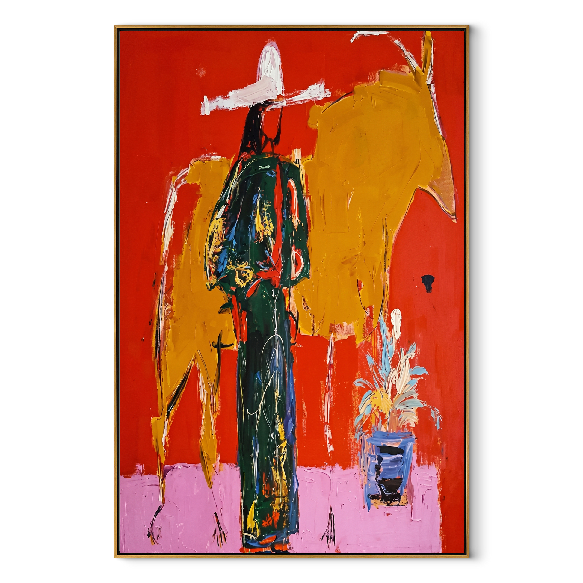 Golden Bull Shadows Cowgirl - cowgirl and bull painting by Ethan Mercer, contemporary Western vertical wall art – wood frame on white background