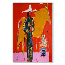 Golden Bull Shadows Cowgirl - cowgirl and bull painting by Ethan Mercer, contemporary Western vertical wall art – wood frame on white background