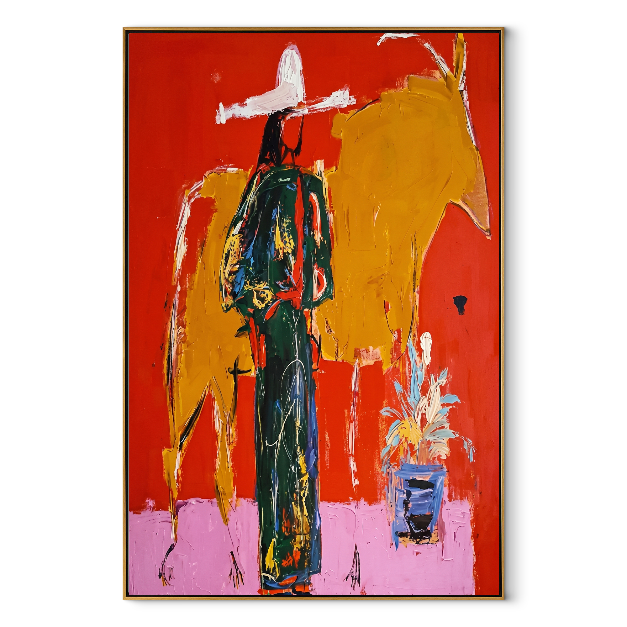 Golden Bull Shadows Cowgirl - cowgirl and bull painting by Ethan Mercer, contemporary Western vertical wall art – wood frame on white background