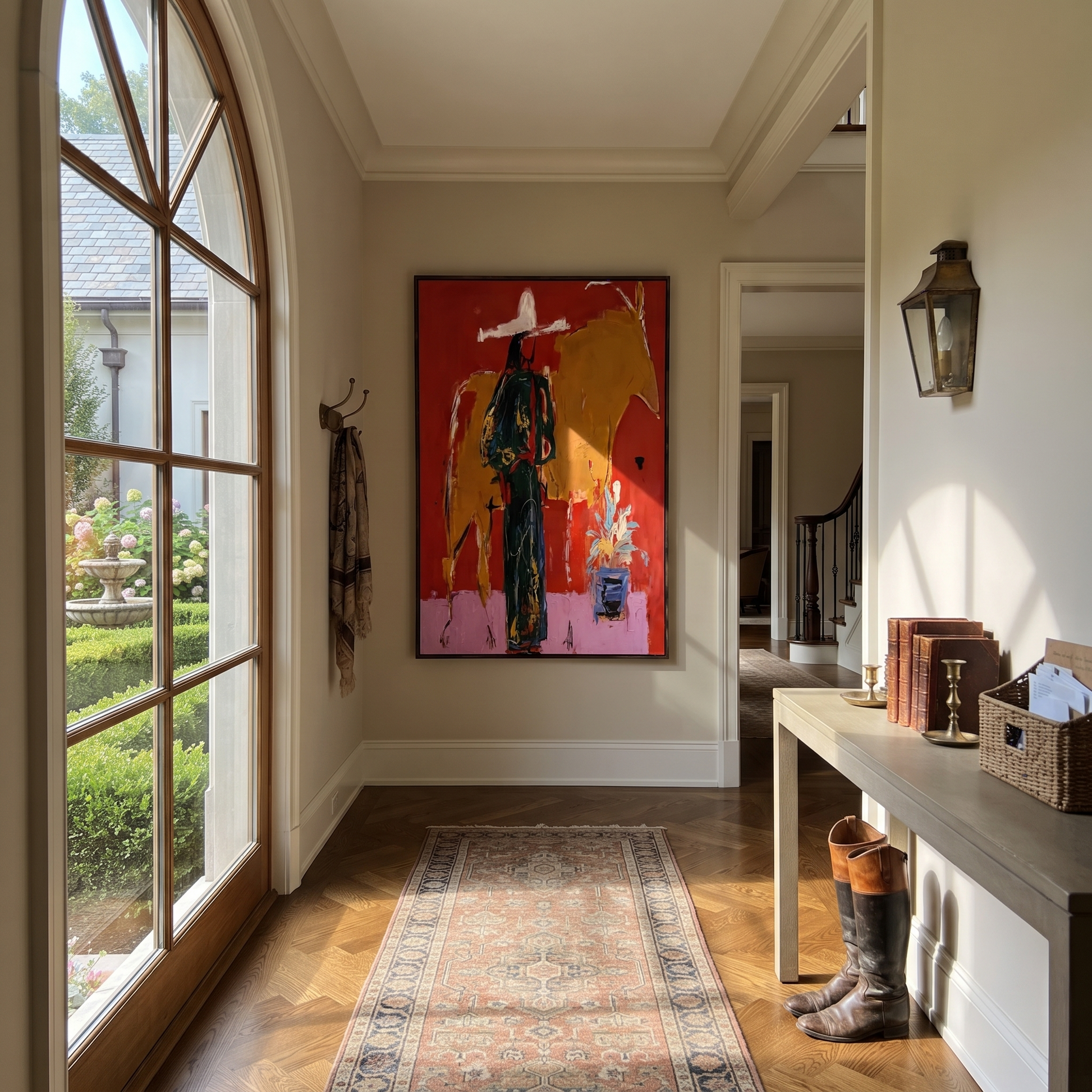 Golden Bull Shadows Cowgirl - cowgirl and bull painting by Ethan Mercer, contemporary Western vertical wall art – styled room scene view 3