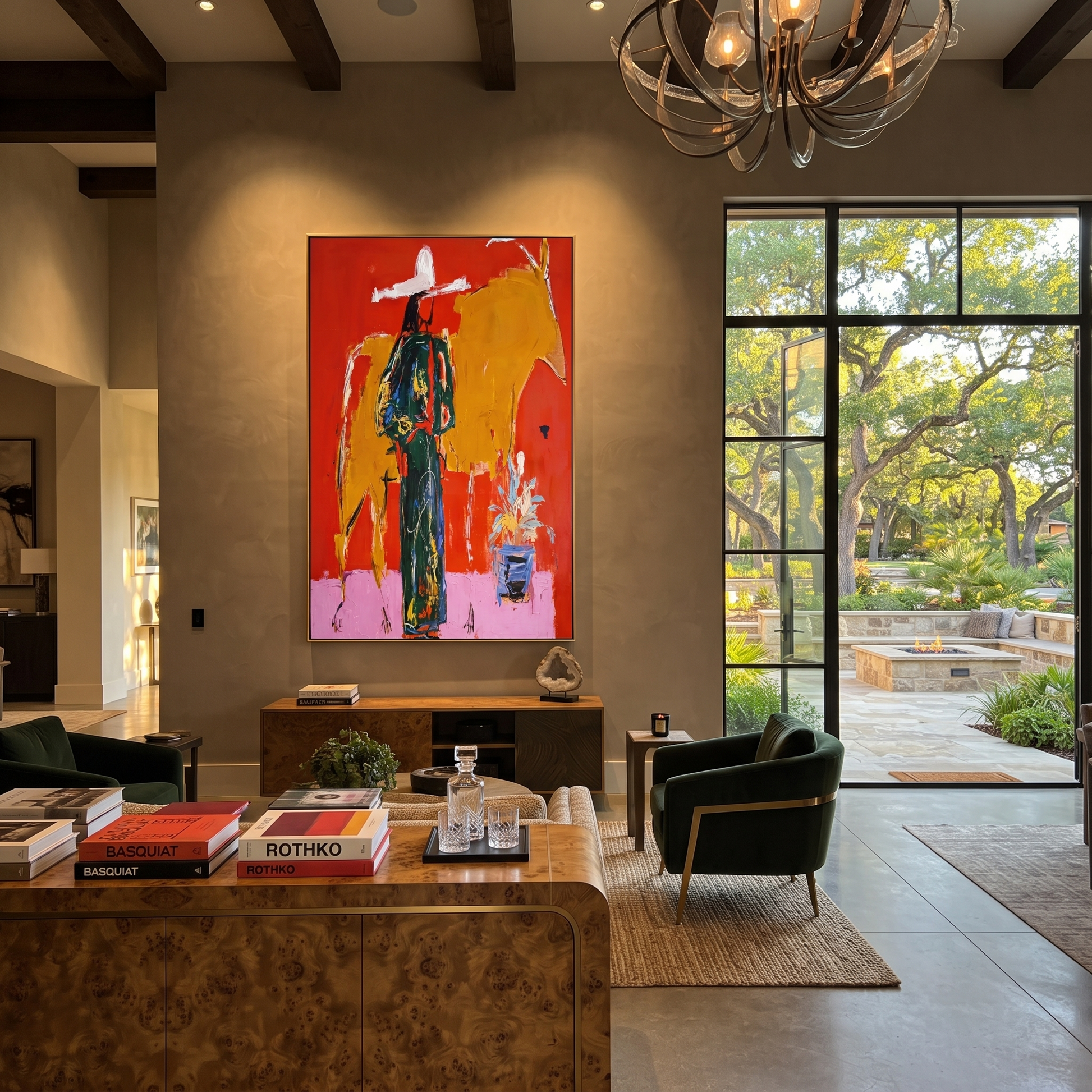 Golden Bull Shadows Cowgirl - cowgirl and bull painting by Ethan Mercer, contemporary Western vertical wall art – styled room scene view 4