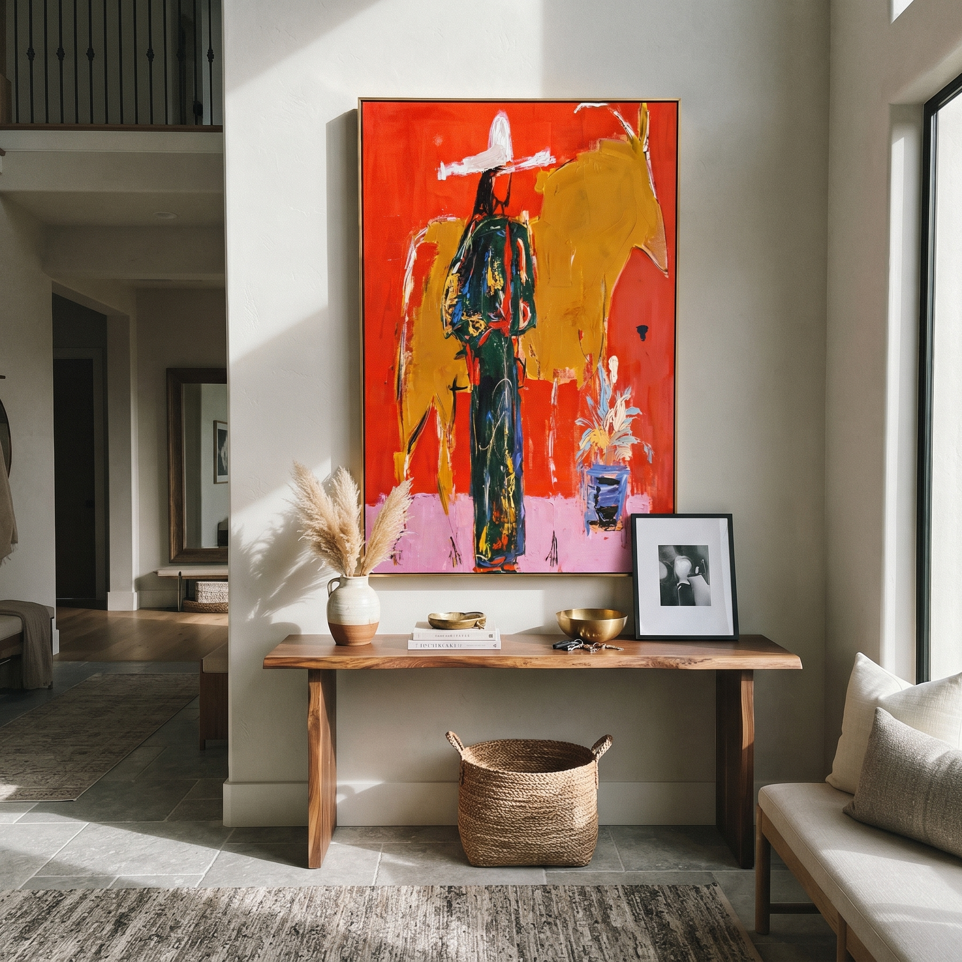 Golden Bull Shadows Cowgirl - cowgirl and bull painting by Ethan Mercer, contemporary Western vertical wall art – styled room scene view 5