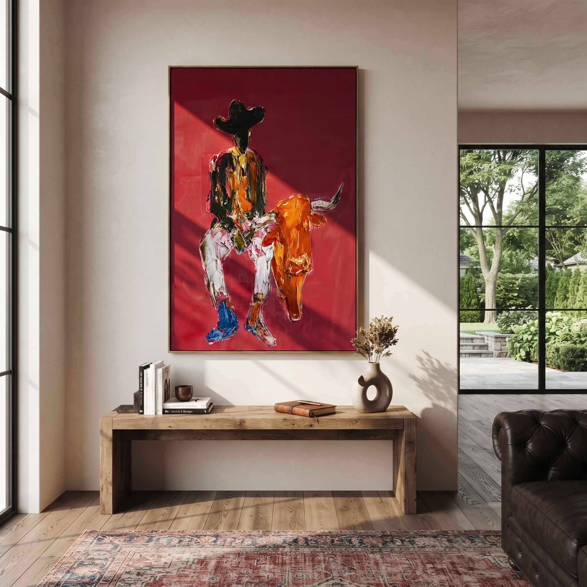 Rust Horns Lower Slowly - cowboy holding longhorn painting by Ethan Mercer, contemporary Western vertical wall art – styled room scene view 1