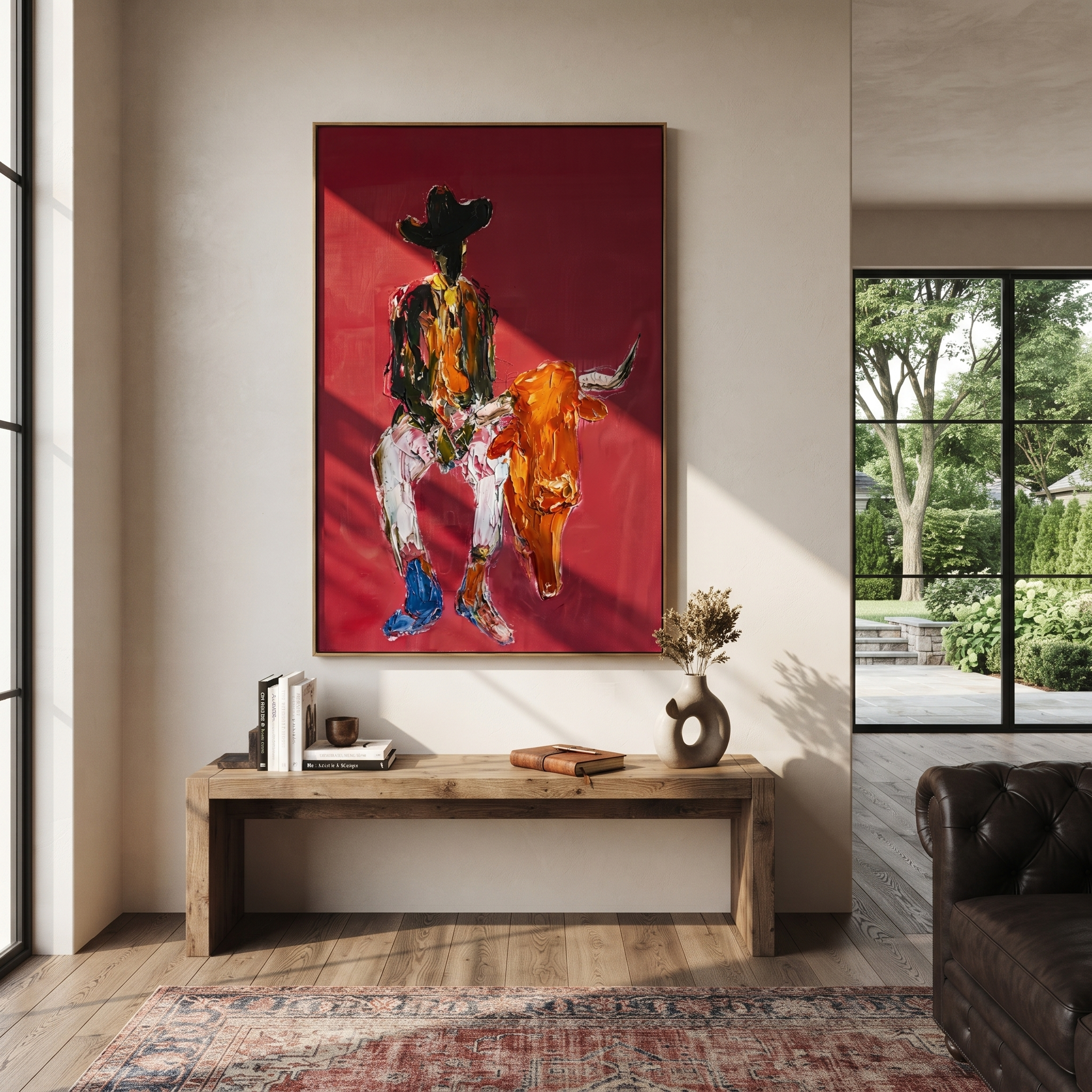 Rust Horns Lower Slowly - cowboy holding longhorn painting by Ethan Mercer, contemporary Western vertical wall art – styled room scene view 1