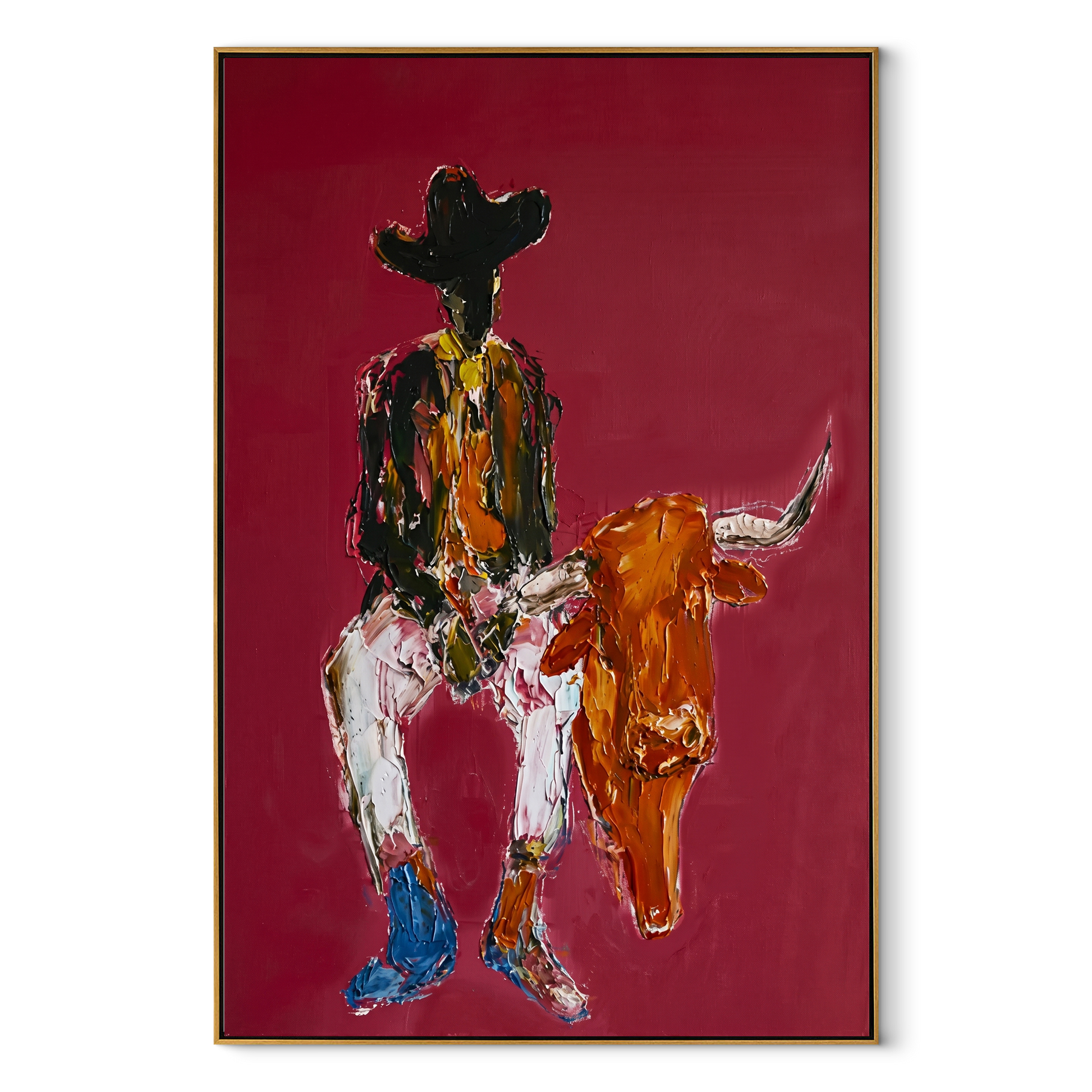Rust Horns Lower Slowly - cowboy holding longhorn painting by Ethan Mercer, contemporary Western vertical wall art – wood frame on white background