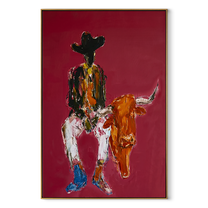 Rust Horns Lower Slowly - cowboy holding longhorn painting by Ethan Mercer, contemporary Western vertical wall art – wood frame on white background