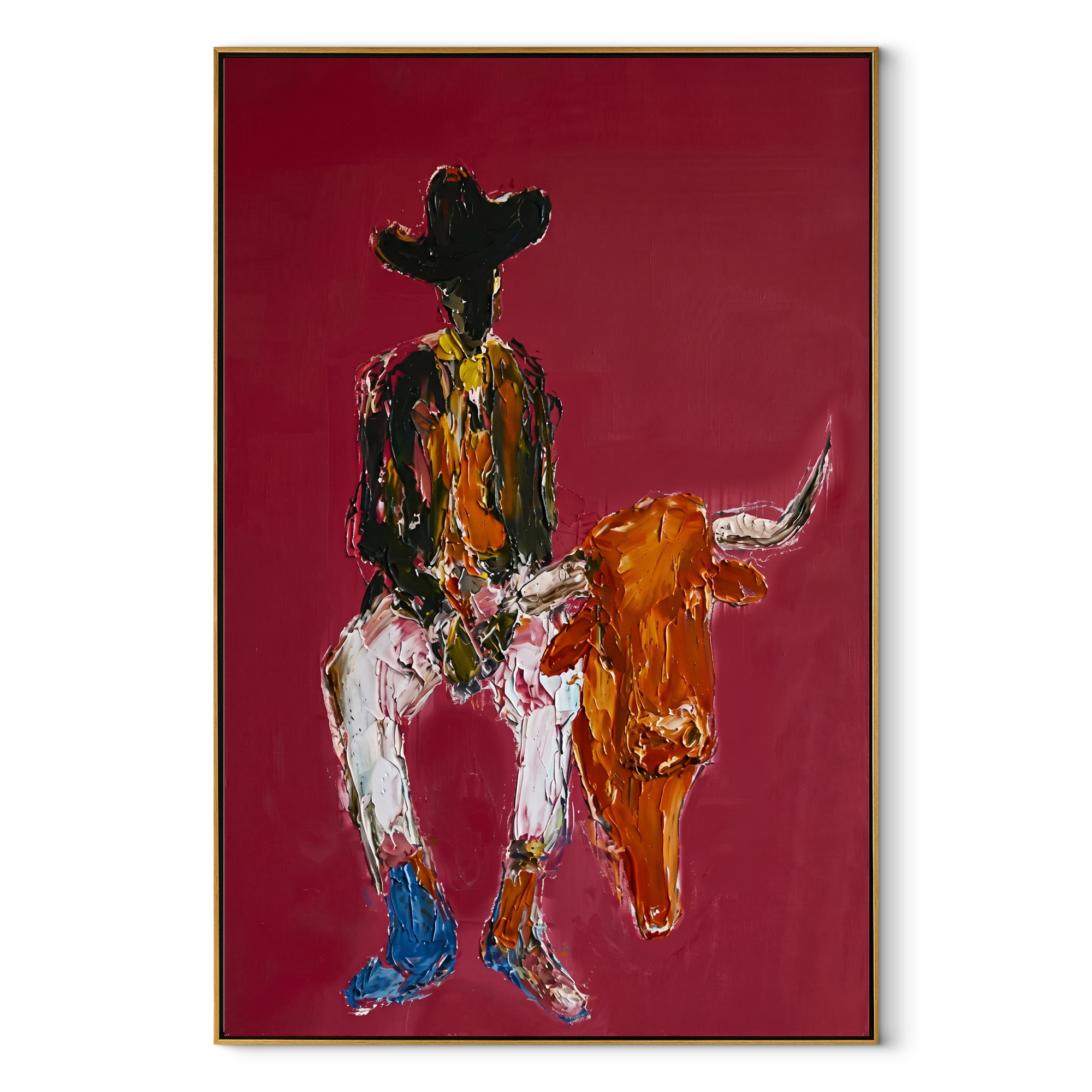 Rust Horns Lower Slowly - cowboy holding longhorn painting by Ethan Mercer, contemporary Western vertical wall art – wood frame on white background