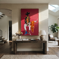 Rust Horns Lower Slowly - cowboy holding longhorn painting by Ethan Mercer, contemporary Western vertical wall art – styled room scene view 2