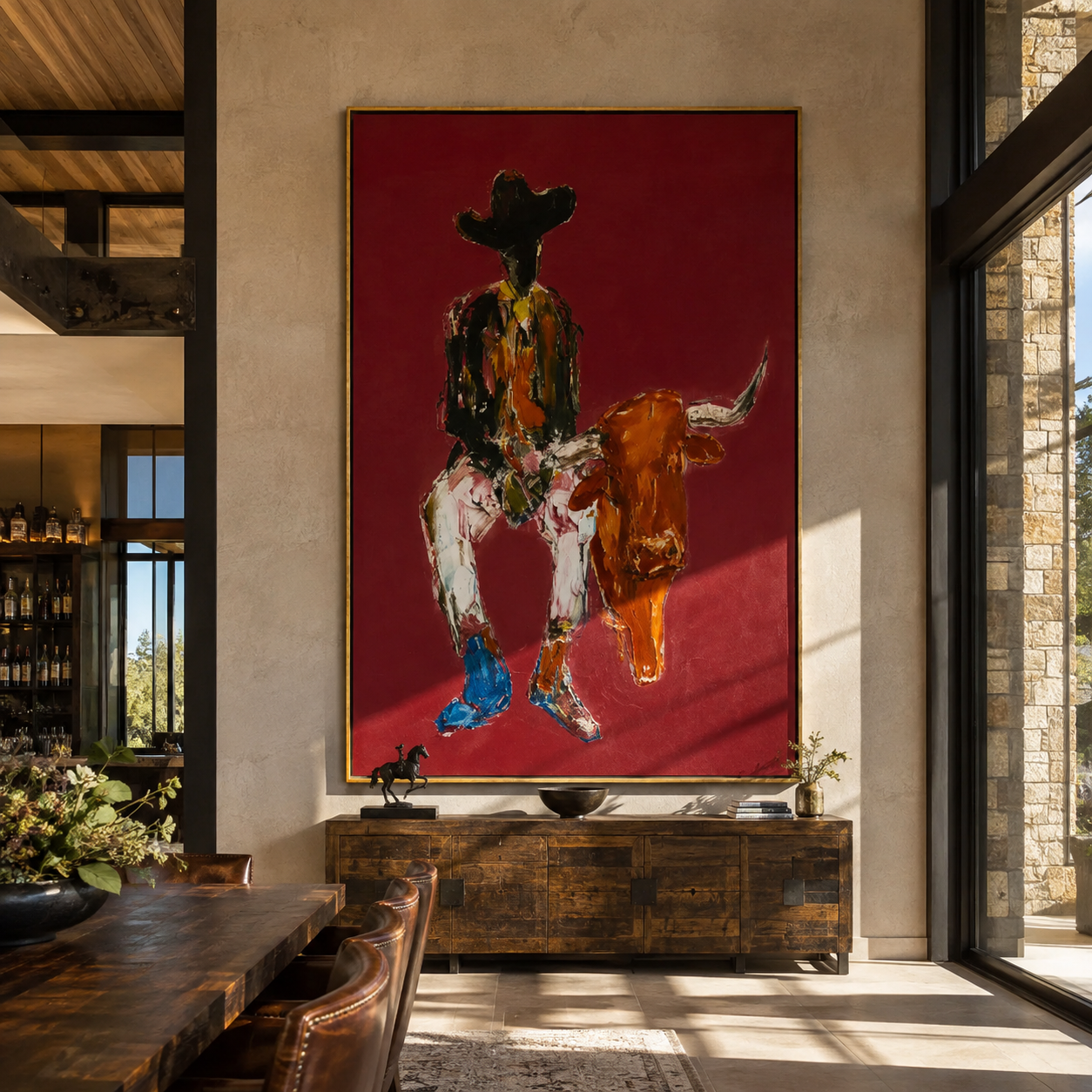 Rust Horns Lower Slowly - cowboy holding longhorn painting by Ethan Mercer, contemporary Western vertical wall art – styled room scene view 4