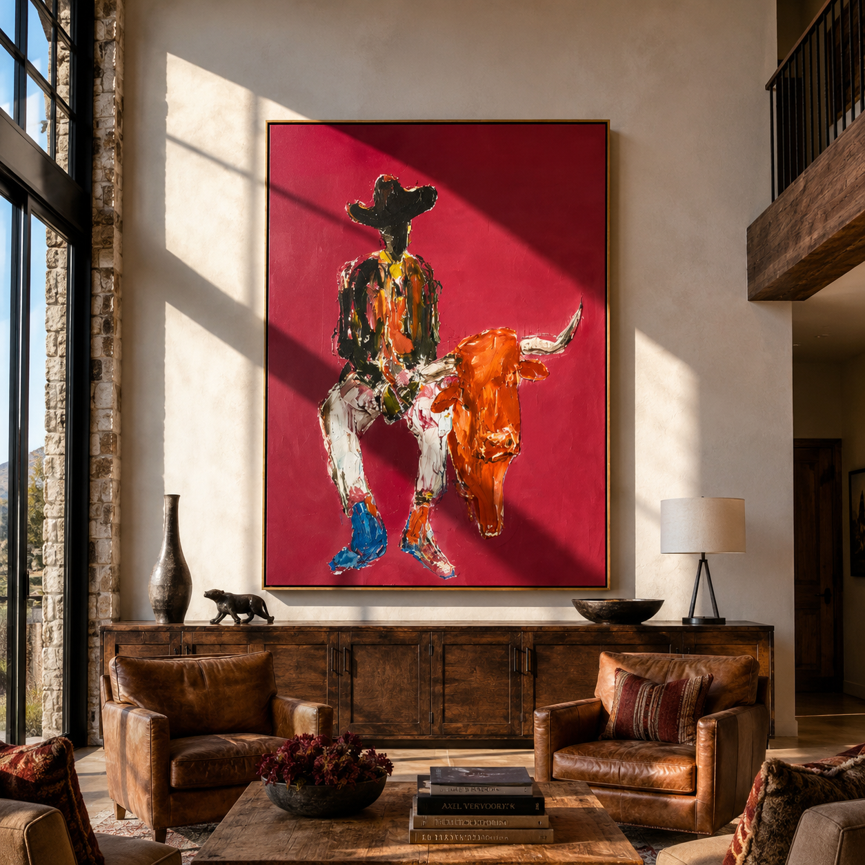Rust Horns Lower Slowly - cowboy holding longhorn painting by Ethan Mercer, contemporary Western vertical wall art – styled room scene view 5