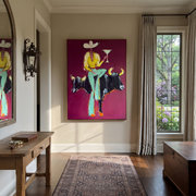 Two Bulls Hold Toast - cowboy and two bulls painting by Ethan Mercer, contemporary Western vertical wall art – styled room scene view 1