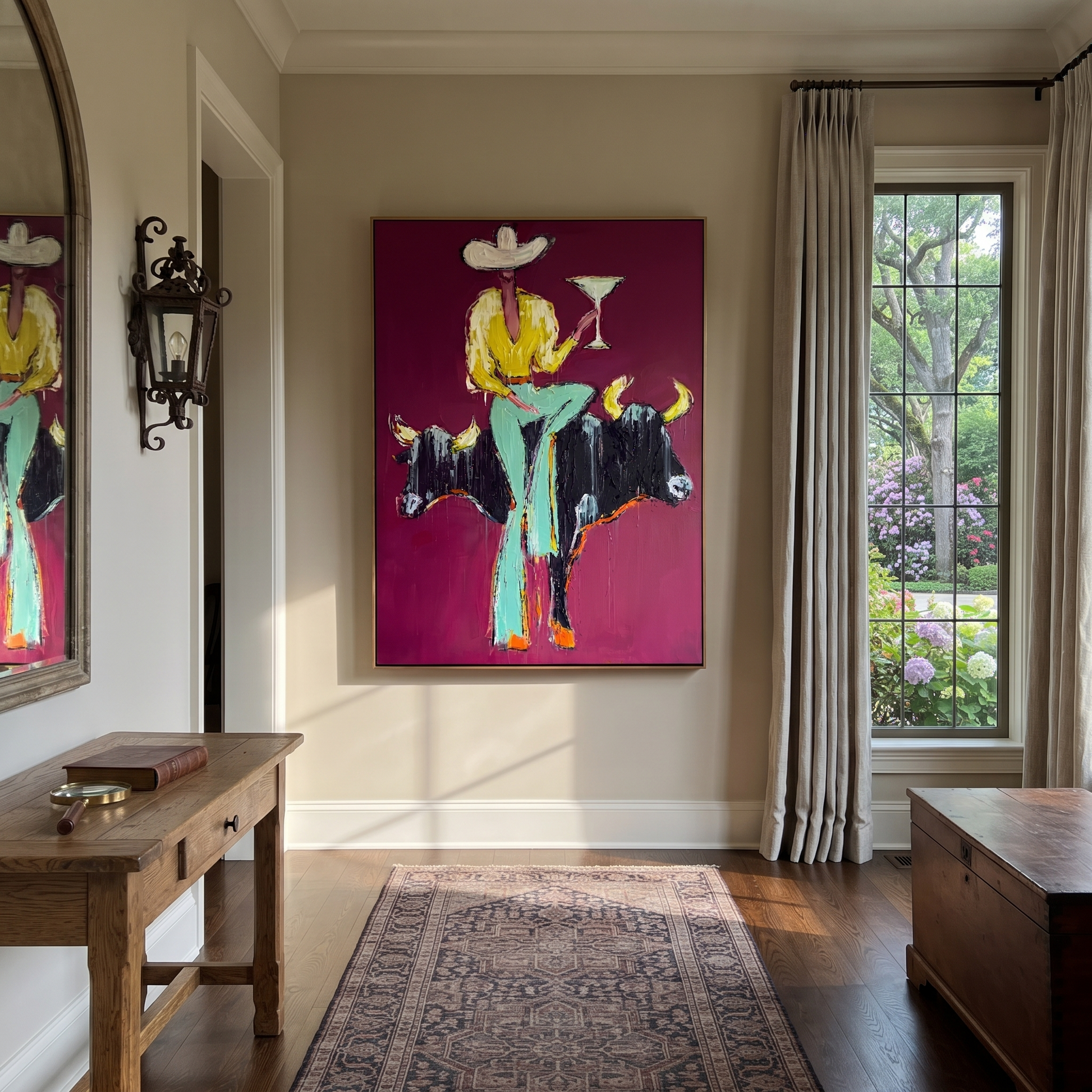 Two Bulls Hold Toast - cowboy and two bulls painting by Ethan Mercer, contemporary Western vertical wall art – styled room scene view 1