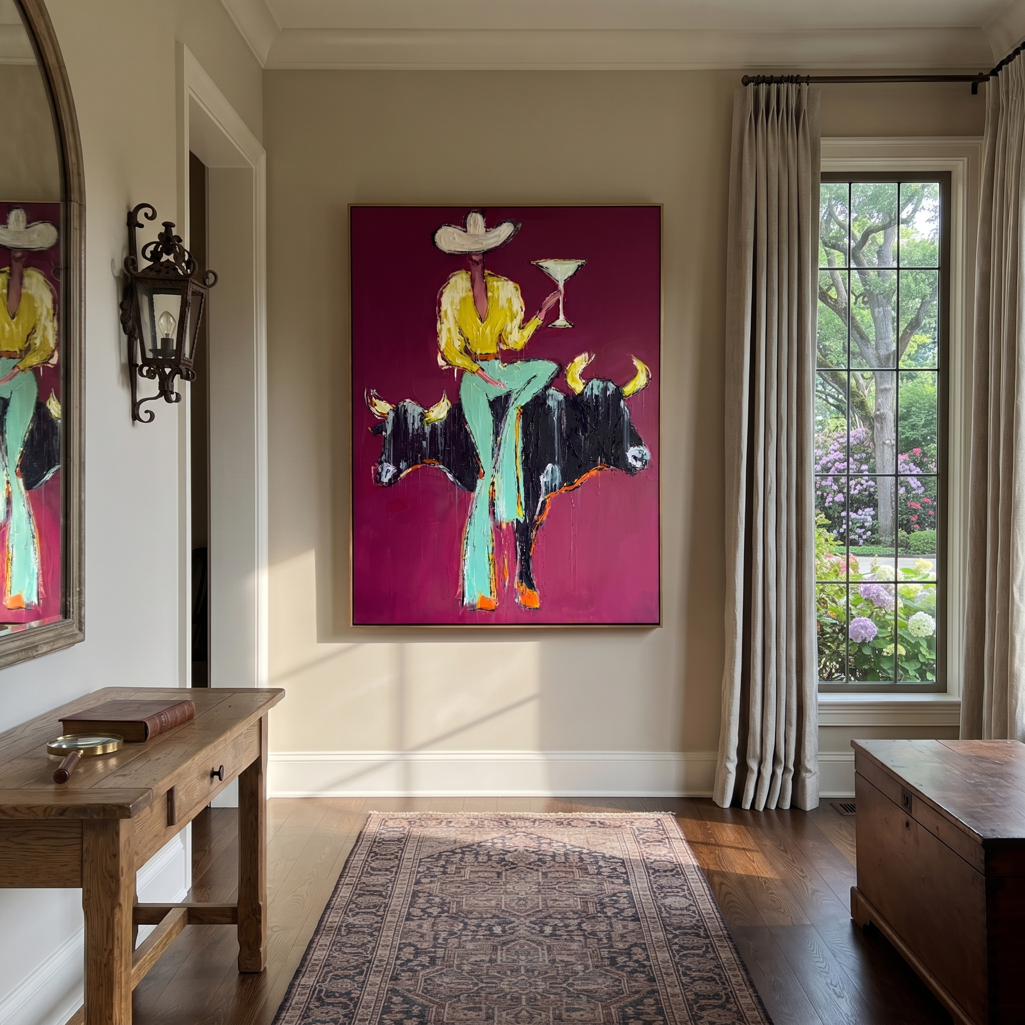 Two Bulls Hold Toast - cowboy and two bulls painting by Ethan Mercer, contemporary Western vertical wall art – styled room scene view 1