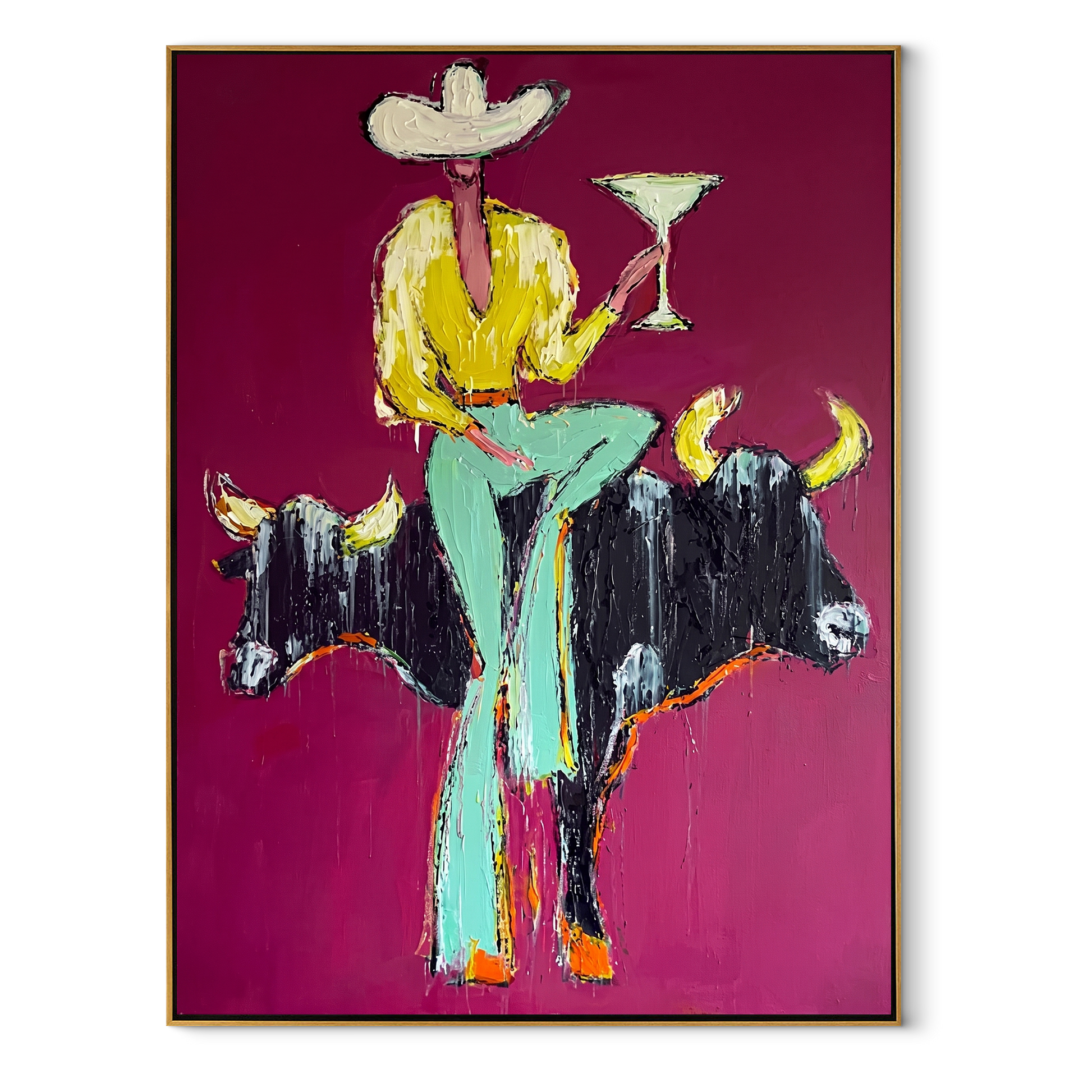 Two Bulls Hold Toast - cowboy and two bulls painting by Ethan Mercer, contemporary Western vertical wall art – wood frame on white background