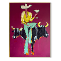 Two Bulls Hold Toast - cowboy and two bulls painting by Ethan Mercer, contemporary Western vertical wall art – wood frame on white background