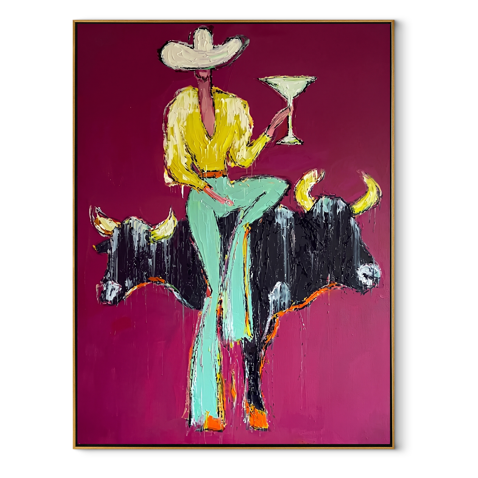 Two Bulls Hold Toast - cowboy and two bulls painting by Ethan Mercer, contemporary Western vertical wall art – wood frame on white background