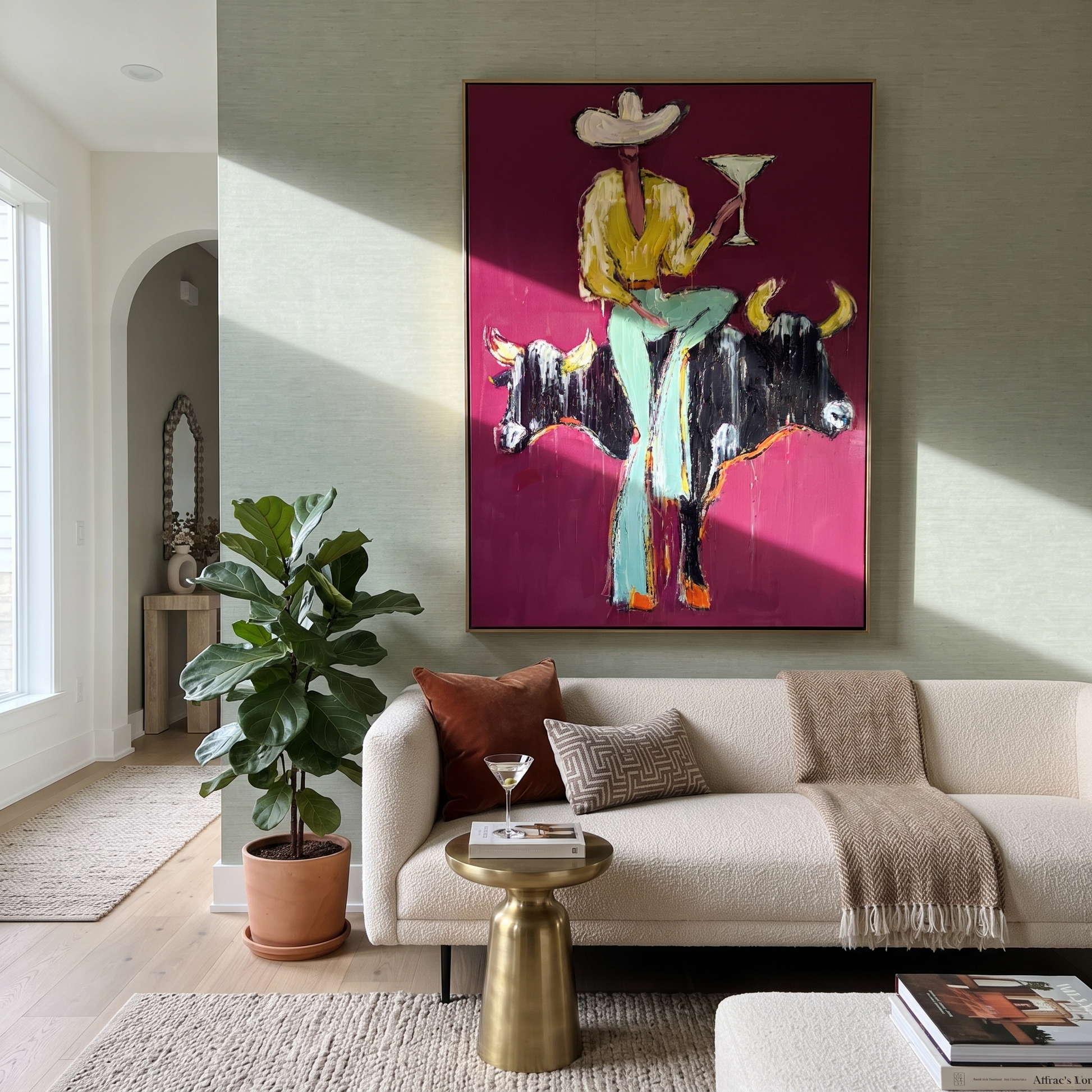 Two Bulls Hold Toast - cowboy and two bulls painting by Ethan Mercer, contemporary Western vertical wall art – styled room scene view 2