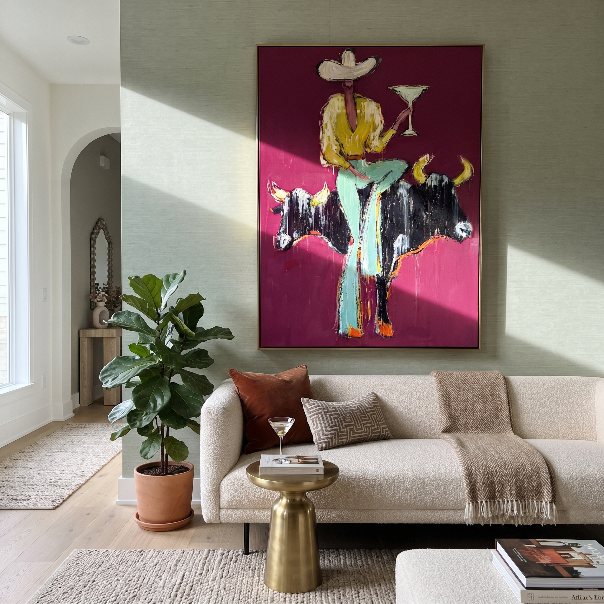 Two Bulls Hold Toast - cowboy and two bulls painting by Ethan Mercer, contemporary Western vertical wall art – styled room scene view 2