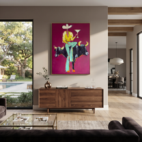 Two Bulls Hold Toast - cowboy and two bulls painting by Ethan Mercer, contemporary Western vertical wall art – styled room scene view 3