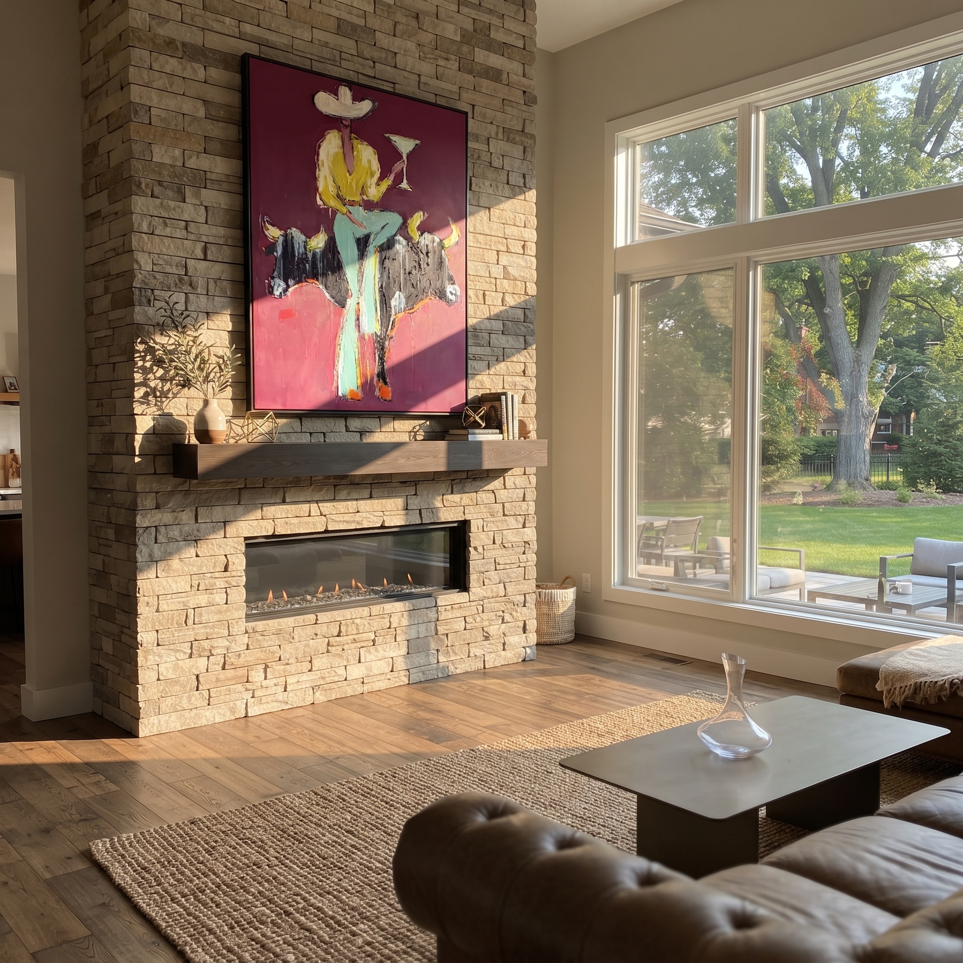 Two Bulls Hold Toast - cowboy and two bulls painting by Ethan Mercer, contemporary Western vertical wall art – styled room scene view 4