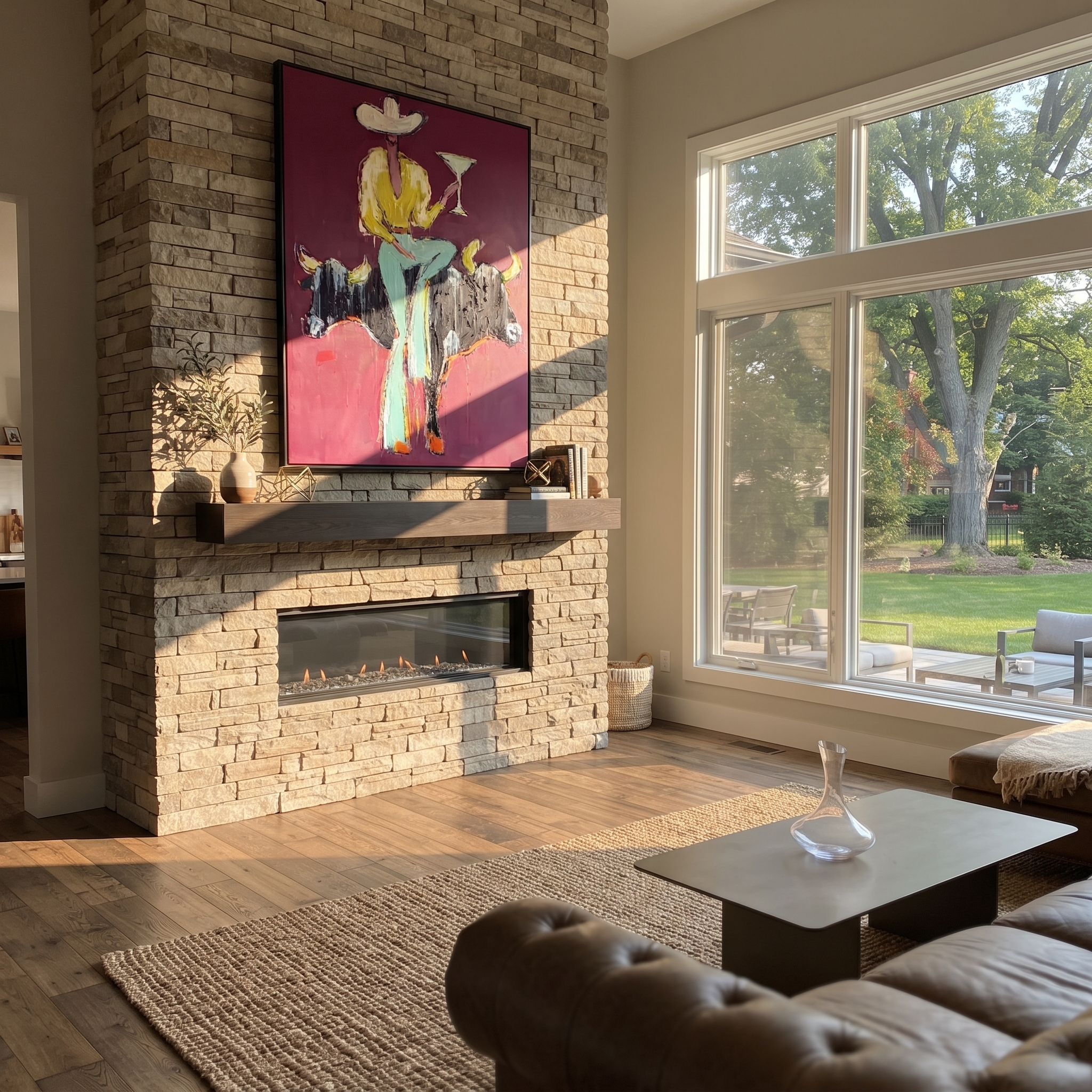 Two Bulls Hold Toast - cowboy and two bulls painting by Ethan Mercer, contemporary Western vertical wall art – styled room scene view 4